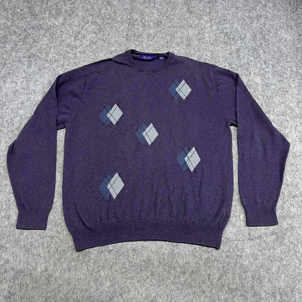 Alan Flusser Sweater Mens XL Purple Cotton Silk Cashmere Argyle Crewneck Knit